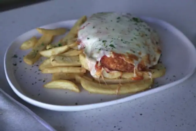 Chicken parmigiana with chips at Garibaldi