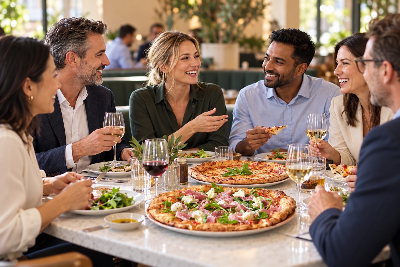 Illustrative scene of business colleagues sharing Italian food and conversation